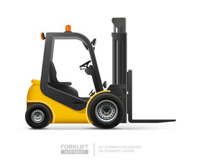 Realistic forklift truck warehouse  loader vector template. Delivery, logistic and shipping. Warehouse and storage equipment. Cargo electric forklift