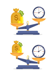 Clock dial vs Money bag on scales icon balance and imbalance isolated vector on white background. Time is money on measure scale. Weights with clock and money golden coin. Concept of business success 