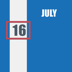 july 16. 16th day of month, calendar date.Blue background with white stripe and red number slider. Concept of day of year, time planner, summer month