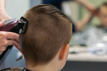 Cute boy have haircut, professional barber doing haircut. Hairdress for children.side view portrait...