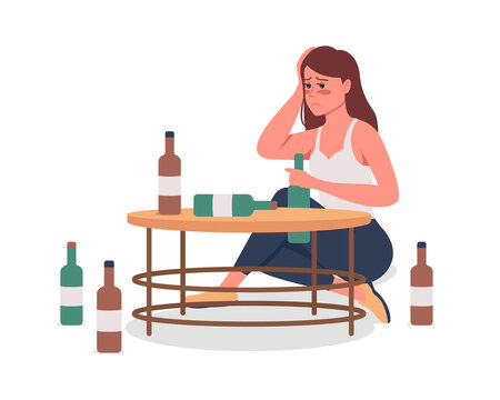 Alcoholic girl semi flat color vector character. Hangover person. Sitting figure. Full body person on white. Bad habit isolated modern cartoon style illustration for graphic design and animation