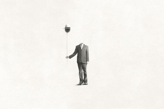 illustration of man without face holding black balloon with hat, surreal absence concept