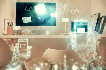 Multi exposure of envelops drawings and office interior background. E-mail concept.