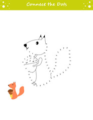 We draw a squirrel. Dot to dot. Draw a line. Game for toddler. Learning numbers for kids. Education developing worksheet. Isolated vector illustration. Cartoon style.