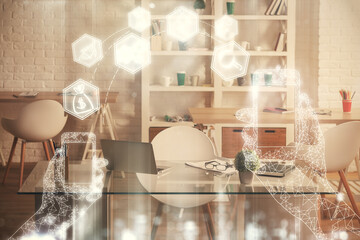 Double exposure of tech theme drawings and office interior background. Technology concept.