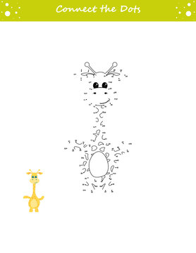 We draw a giraffe. Dot to dot. Draw a line. Game for toddler. Learning numbers for kids. Education developing worksheet. Isolated vector illustration. Cartoon style.