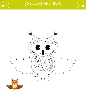 We draw an owl. Dot to dot. Draw a line. Game for toddler. Learning numbers for kids. Education developing worksheet. Isolated vector illustration. Cartoon style.