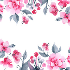 Pink watercolor flowers blossom illustration. Set collection