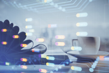 Naklejka premium Double exposure of technology theme drawing and desktop with coffee and items on table background. Concept of data research.