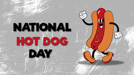 National Hot Dog Day July 21. Cartoon hot dog with mustard, American flag, and lettering. Food concept. Poster, card, banner.
