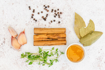 A brining solution comprising bay leaves, sage, garlic, peppercorns, honey, suitable for turkey, chicken, pork