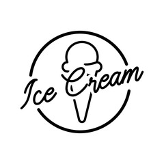 Logotipo con texto Ice Cream con helado de cono en círculo con lineas en color negro
