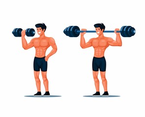 Fototapeta na wymiar Muscle man excercise with lifting dumbbells. athlete in fitness gym character set illustration vector