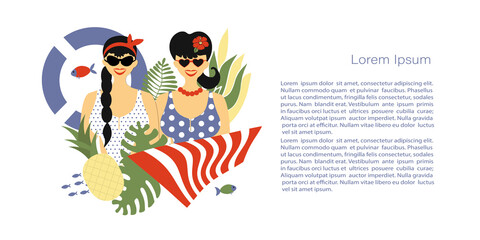 Two spectacular white girls in pin-up style swimsuits, trendy portraits with summer attributes, lifebuoy,  plants. Vector Template with copy space for invitation, cards or banner and  poster, Landing
