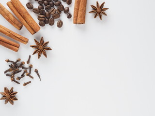 Coffee beans, cinnamon, star anise on a white background, flatlay