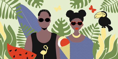 Stylish couple of people, Afro-Americans man and woman, portraits in trend with summer attributes - watermelon and ice cream, toucan and  plants. Vector flat illustration, summer time