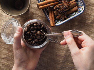 coffee beans and grinder