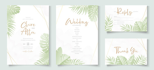 Fototapeta na wymiar Wedding invitation template with tropical leaf design