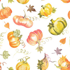Boho watercolor fall pumpkin seamless pattern for fabric. Autumn pumpkin repeat for nursery, baby shower, packaging, halloween, thanksgiving