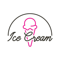 Logotipo con texto Ice Cream con helado de cono en círculo con lineas en color gris y rosa