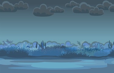 Fototapeta premium Night road through the meadow. Dark herbal glade. Grass close up. Rural landscape. Trail. Cartoon style. Flat design. Seamless illustration. Vector art