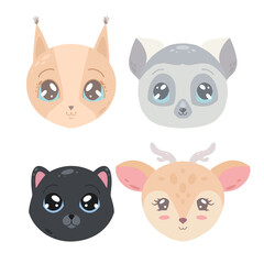 Set of cute childish portrait of cat, lemur, squirrel and deer. Flat illustration for sticker and greeting card. Lovely animal kids. Vector animalistic picture for nursery decoration
