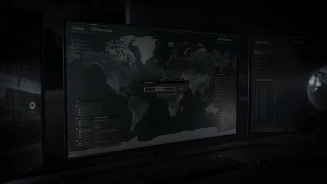 Computer Screen in Dark Room. Loading the User Interface of Military Location Tracking Software. Scanning the World Map for Unprotected Areas. Satellite Detecting Activity in Saint Petersburg, Russia