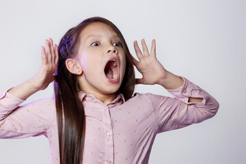surprised little child girl on white background.
