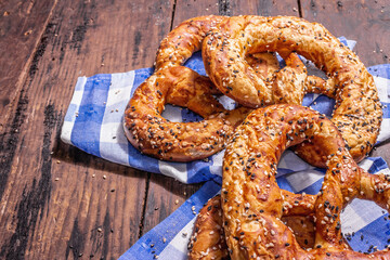 Oktoberfest concept - pretzels on a traditional napkin
