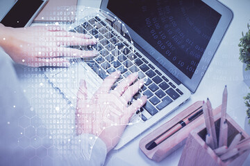 Multi exposure of woman hands working on computer and brain hologram drawing. Ai concept.