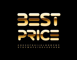 Vector marketing flyer Best Price. Gold Alphabet Letters and Numbers set. Shiny modern Font