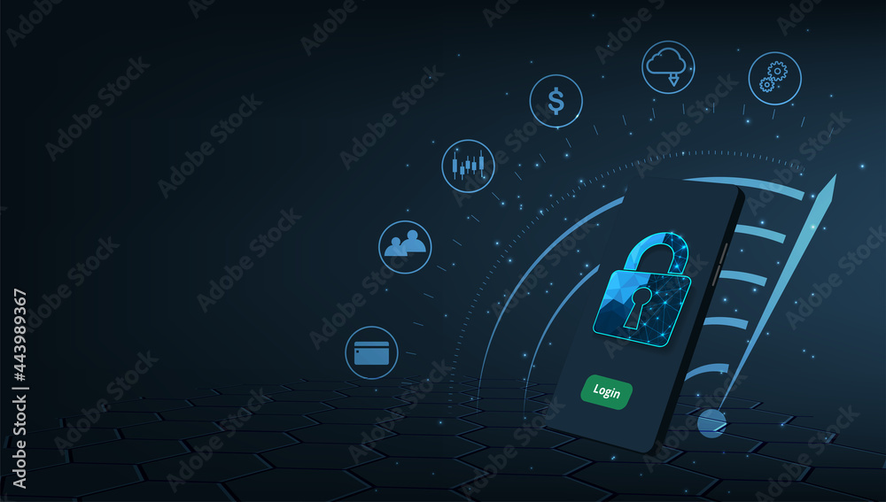 Poster mobile transactions security concept.smartphone with padlock lock on dark blue background. internet 