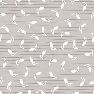 Vector grey scattered pen sketched music notes pattern with stripes 01. Perfect for fabric, gift wrap and wallpaper projects.