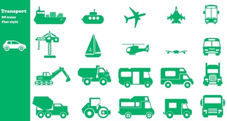 Transport aérien, routier et maritime en 20 icônes vertes, collection	