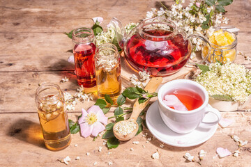 Assorted tea made from flowers. Fresh elderberry, rose hip, and acacia.