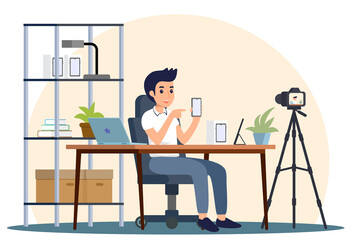 Male streaming video bloggers at home. Vlogger making Smartphone, Tablet, and Notebook content. Famous creative technology influencers. Vector illustration flat design for banner, and website.