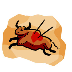 Rock art. Scene of bull hunt. Primitive life. Drawing in a cave. Animal wounded by spear or arrow. Sketch cartoon illustration