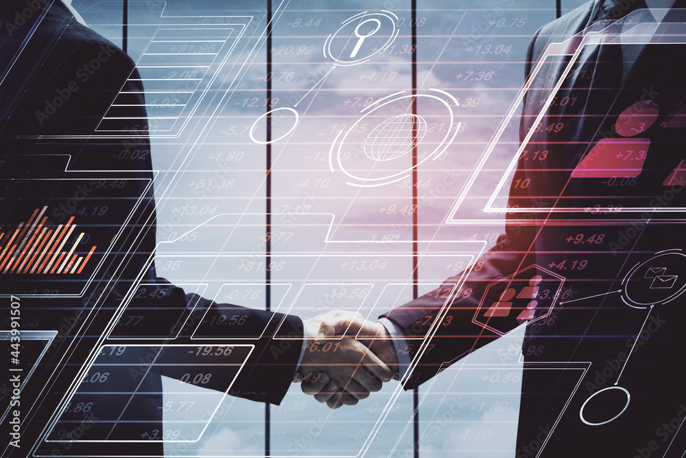 Poster double exposure of data theme hologram and handshake of two men. partnership in it industry concept.