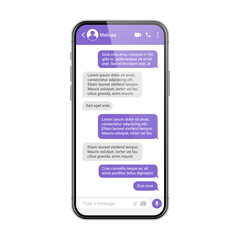 Realistic smartphone with messaging app. SMS text frame. Conversation chat screen with violet message bubbles and placeholder text. Social media application. Vector illustration.