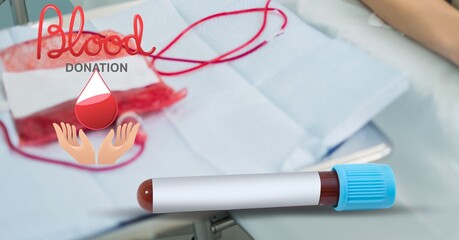 Blood donation text and icon against mid section of person donating blood at hospital