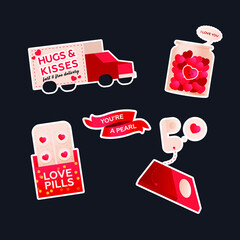 Valentine Sticker Pack. Modern Flat Vector Concept Illustrations. Delivery Transport, Jar with Hearts, Quote on Ribbon, Love Pills, Phone. Social Media Ads.