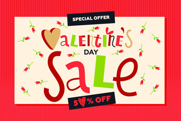 Valentine's Day Sale Poster with Lettering and Decorative Elements. Modern Flat Vector Illustration. Social Media Ads.