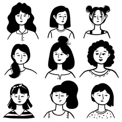 Vector faces. Collection of portraits of women in line style. Black and white illustration isolated on white background. Stylish female head for avatar, print, decoration.