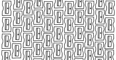 Composition of black outline pencil sharpeners repeated in rows forming pattern on white background