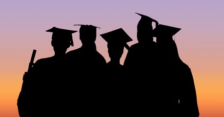 Composition of silhouettes of graduating students in caps and gowns against sunset sky
