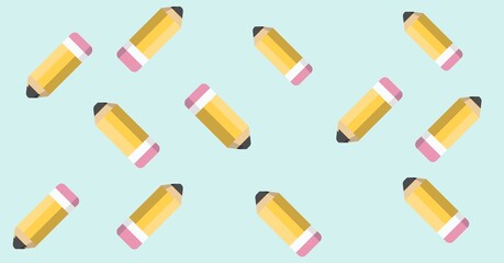 Composition of yellow pencils repeated on pale blue background