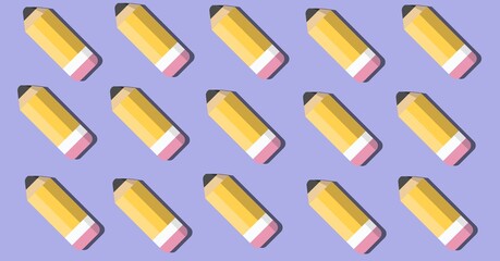 Composition of yellow pencils repeated in rows on lilac background