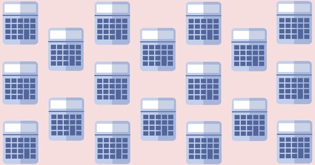 Composition of calculators repeated in rows on pale pink background