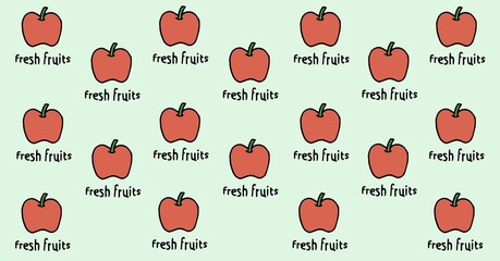 Composition of text, fresh fruits and red apple repeated on pale green background