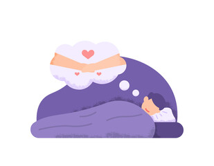 illustration of a sleeping man who dreams of holding hands with his partner or girlfriend. singles dream. sweet dream. holding each other's hands. flat cartoon style. vector design
